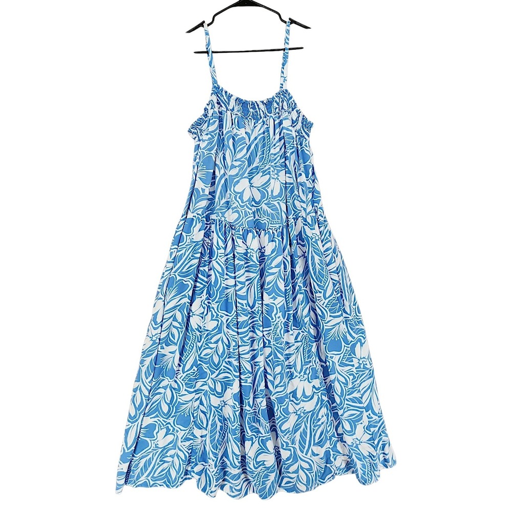 Old Navy Tiered Maxi Dress XL Boho Blue White Floral Smocked Tropical Festival